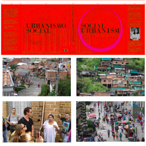 A collage of images: across the top third, a red book jacket with the title of the book on the left in Spanish and on the right in English. Below that, 4 images arranged in a grid: the two at the top show houses cramped together while the two at the bottom show a lively urban setting with many people.
