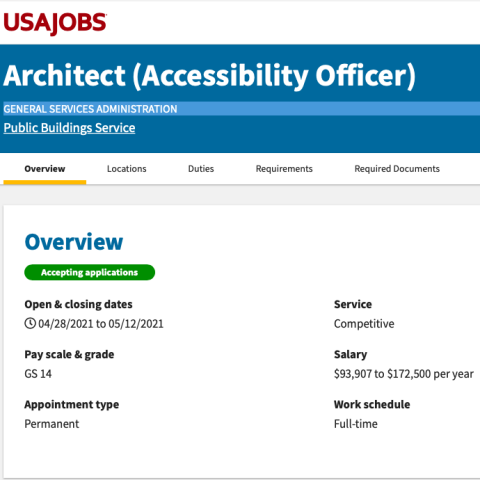 Screenshot of the USAJobs landing page with some details on the available job position including dates, payscale, work schedule, salary, service, and appointment type.