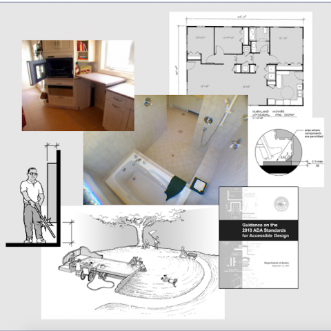 Collage of seven images showing examples of Rex Pace's work. Architectural drawings, photos, floor plans, and a cover of the guidance on the 2010 ADA standards
