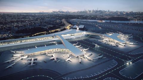Aerial photo of LaGuardia Airport New Terminal B with planes parked at the gate
